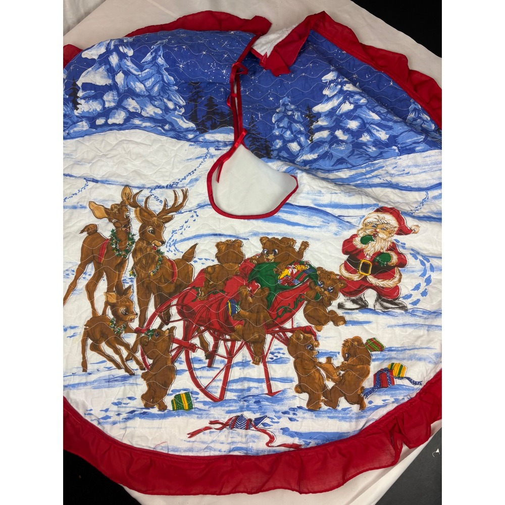 Vintage Quilted Christmas Tree Skirt Santa Reindeer Teddy Bears Red Ruffle 35in